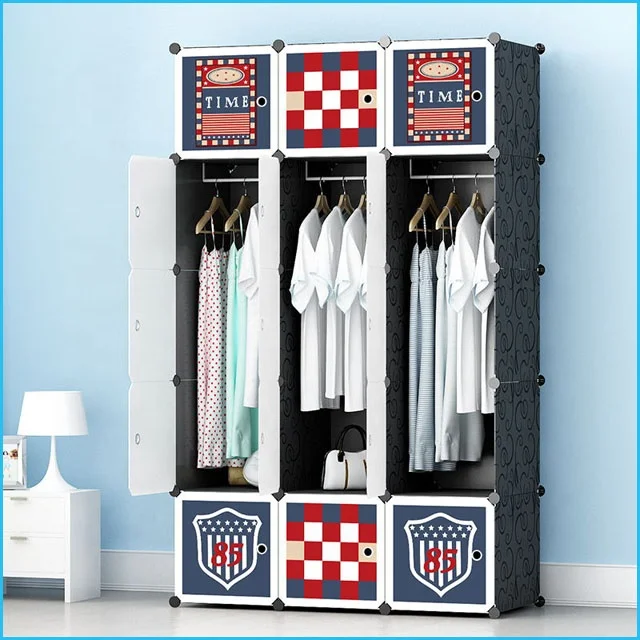 Cartoon colorful chequer and cute animals pattern portable diy PP bedroom wardrobe