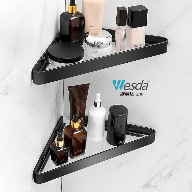 WESDA Lavatory Bathroom Corner Frame Dressing Table Shower Caddy Kitchen Triangle Storage Rack Wall-Mounted Bathroom Glass Shelf