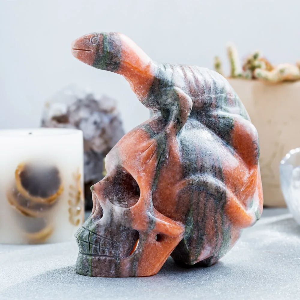 Wholesale Natural Polished Hand Carved SunStones With Lizard Crystal Skulls Folk Crafts Healing Stone For Home Decoration