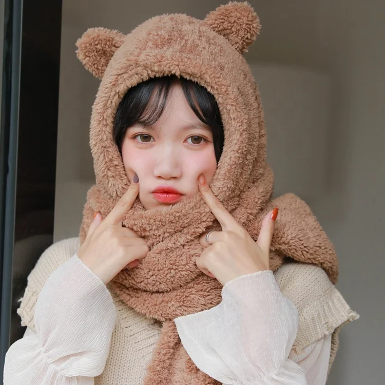 New winter cute selling cute bear  shaped thick plush hat scarf