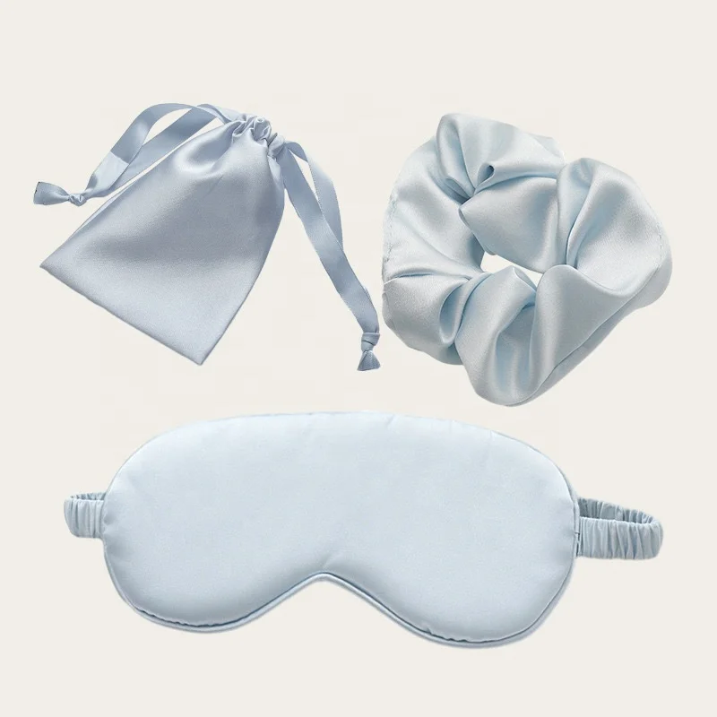 New Design Double Sided Satin Silk Eye Shade Eymask Satin Headband Wraps Silk Sleep Eye Mask Travel Eye Mask And Scrunchies Set