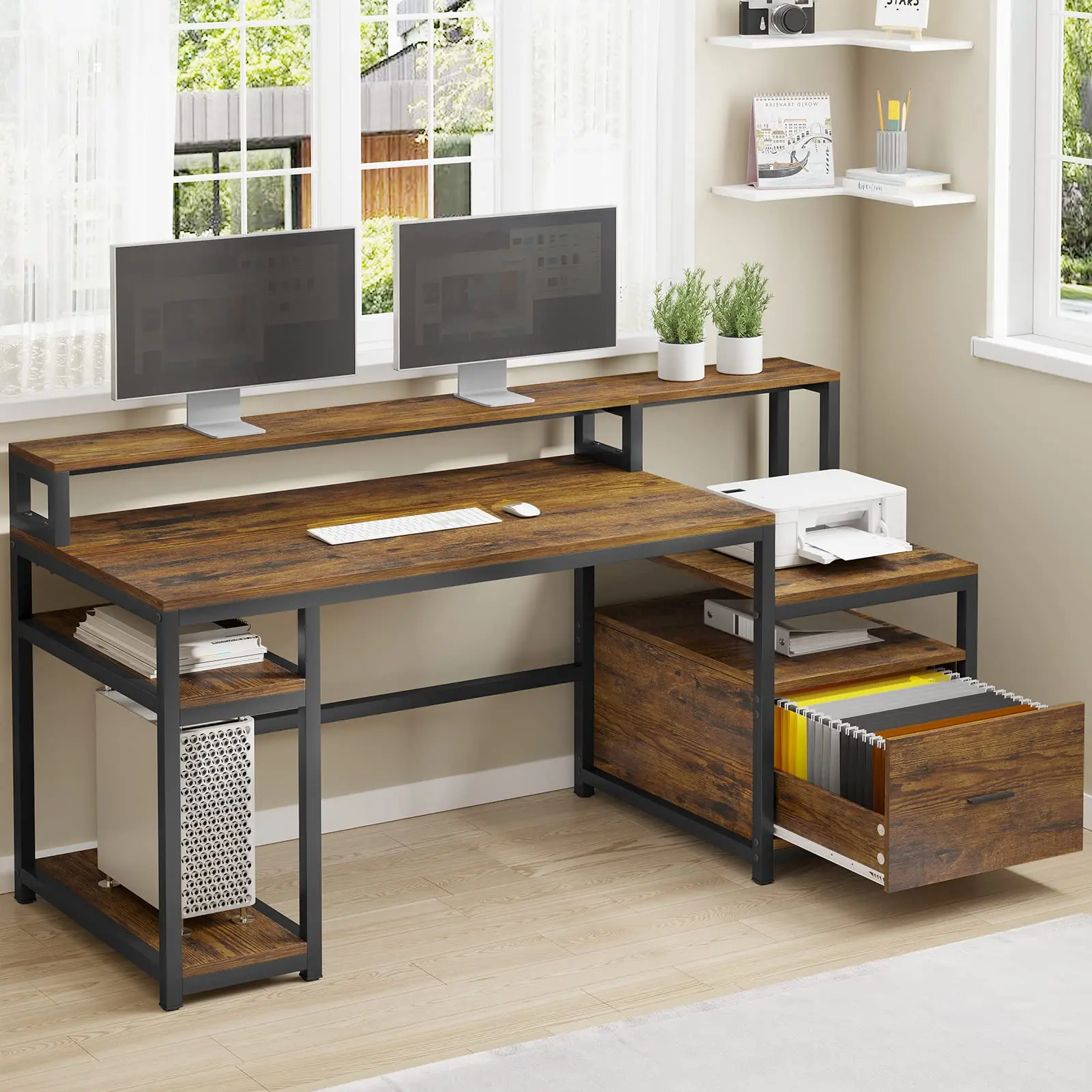 Modern Office Furniture Large Computer Desk with Hutch Printer Cabinet and Monitor Shelf  Studying Table Desk for PC