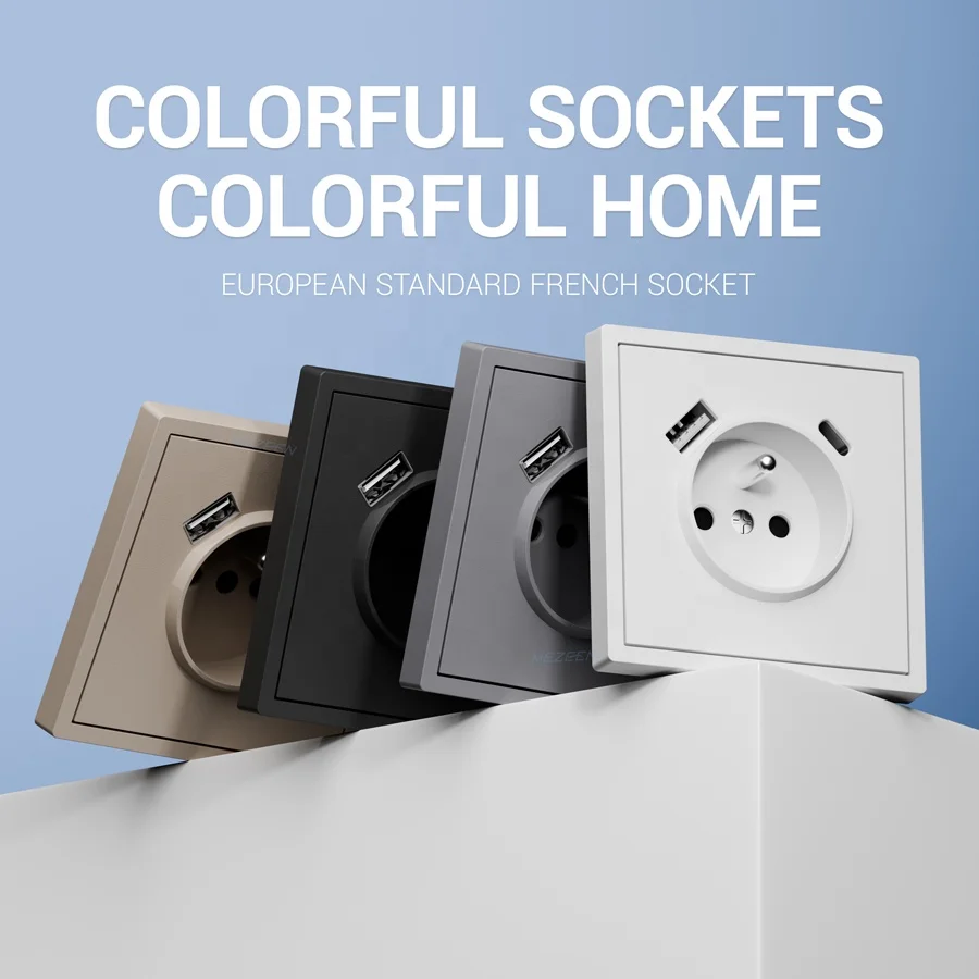 EU Standard Square Black Color Wall French Socket USB-C Electrical Wall Switch Socket with USB Charging Ports Type A+C