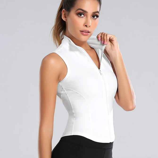 Wholesale Women Running Outdoor Yoga Clothes Four Way Stretch Slim Sleeveless Zipper Fitness Workout Tank Top Sports Vest