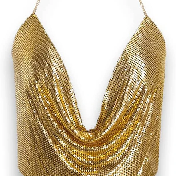 Gold Deep V Neck Metal Sequin Bow Bra Crop Tank Top For Ladies