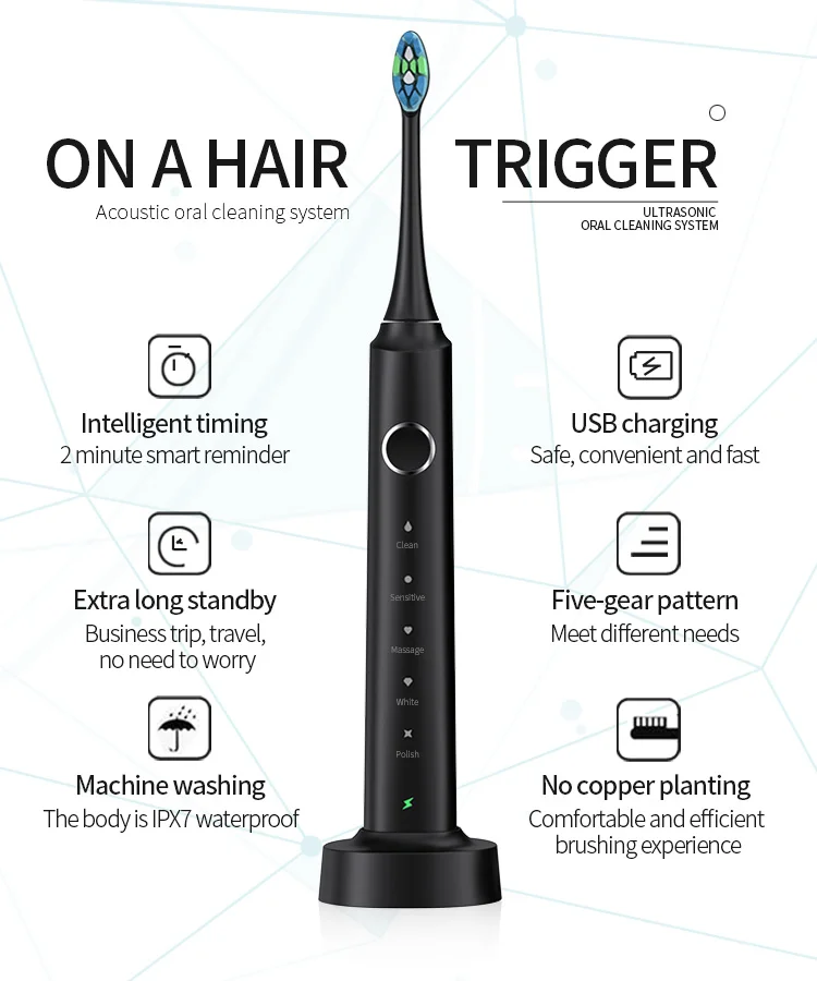 Electric Toothbrush IPX7 Waterproof Strong Clean Whitening Teeth Cleaning Smart Rechargeable Sonic Electric Toothbrush