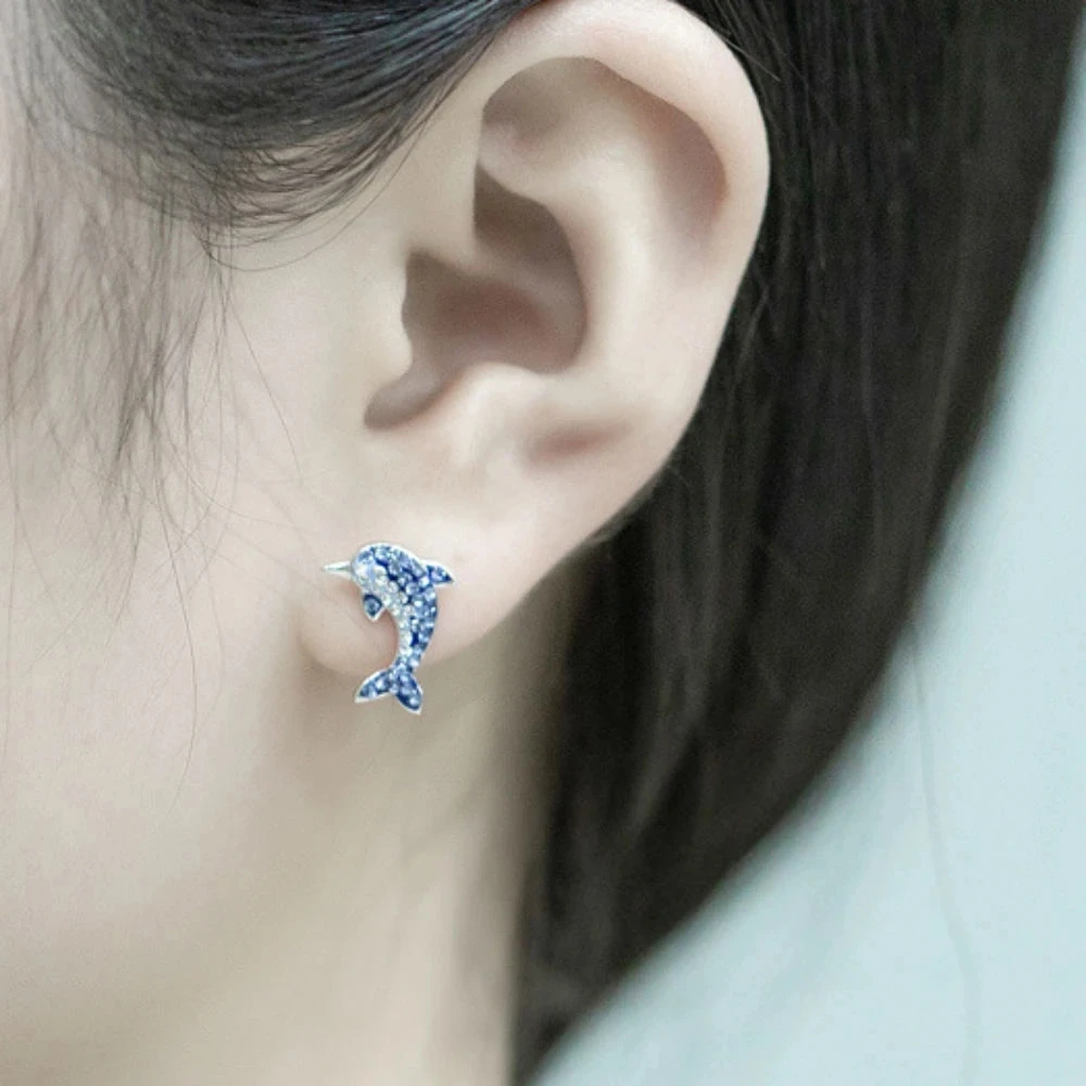 CAOSHI Sweet Lovely Dolphin Stud Earrings Sea Blue Cubic Zirconia Beautiful Minimal Silver Animal Cute Earrings Women