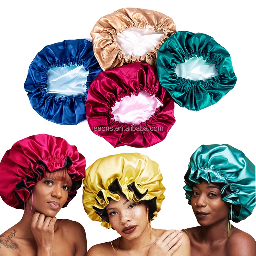 Leeons Cheap Adjustable Satin Bonnet Sleep Cap Silky Satin Cap For Night Sleeping Hair Bonnet Waterproof Bathing Accessory
