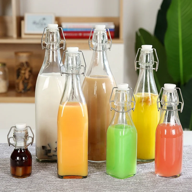 Square bottle water square drink glass bottle for juice 250ml 500ml 1000ml glass bottle with swing top stopper