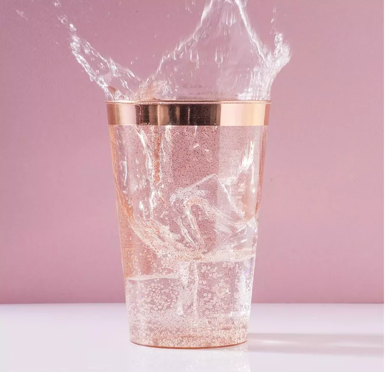 100 Gold Rimmed Reusable Plastic Cups,Thick Durable 12 oz. Disposable Champagne Glasses Plastic Gold Cocktail Wine Rim Cup