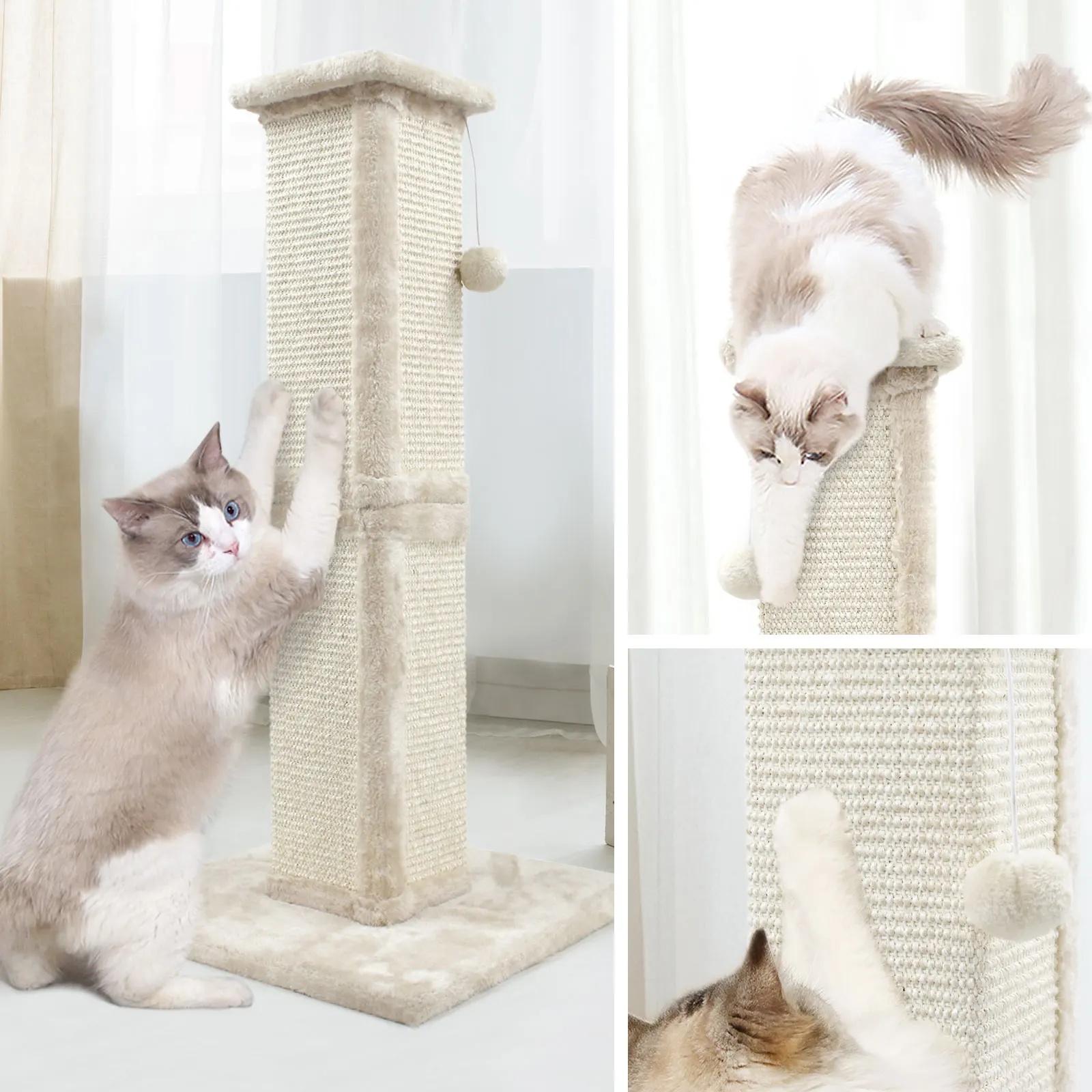 New Design Beige Two Section Cat climbing tree scratching column vertical post sisal claw toys