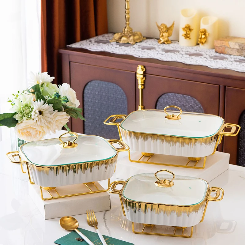 Rectangular design ceramic casserole pot tableware candle fire heating Restaurant dry soup pot with golden rack