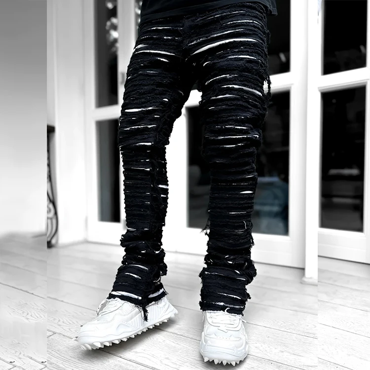 HL manufacture streetwear y2k heavyweight raw hem distressed spiderweb denim jeans custom extended flare stacked ripped men jean