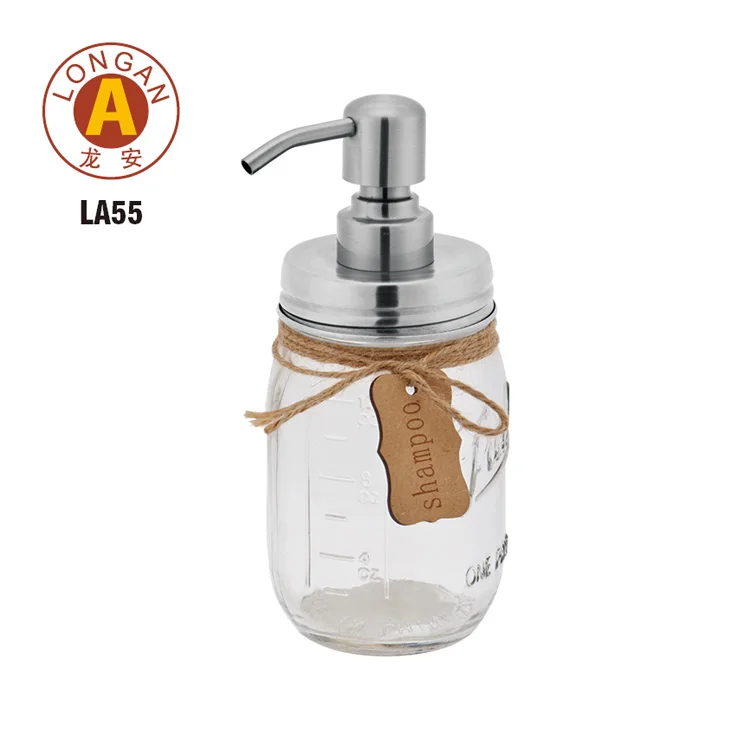 China Manufacturer Mason Jar  450ml Bulk Shampoo Glass Soap Liquid Dispenser Bottles with Stainless Steel Pumps