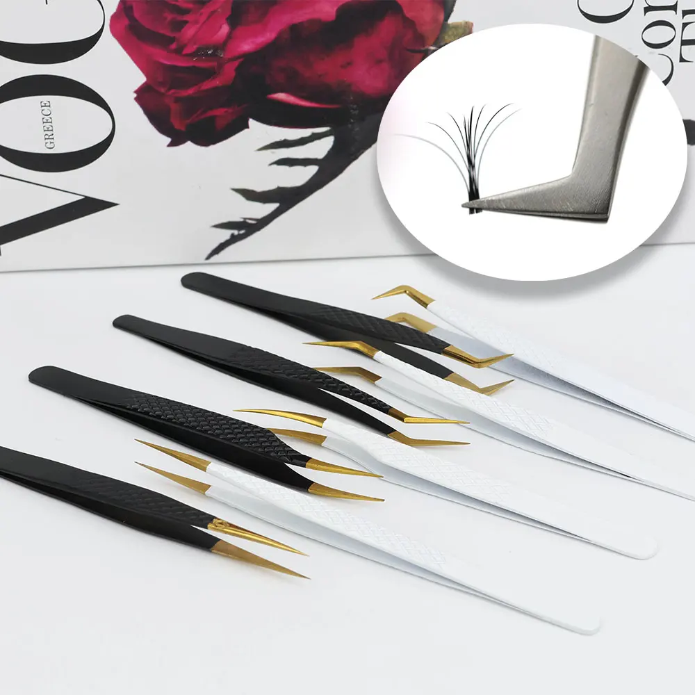 Custom Logo Fiber Tip Lash Tweezers Thin Straight Volume 45 90 Degree Extension Stainless Steel Skinny Boot Tweezers Applicator