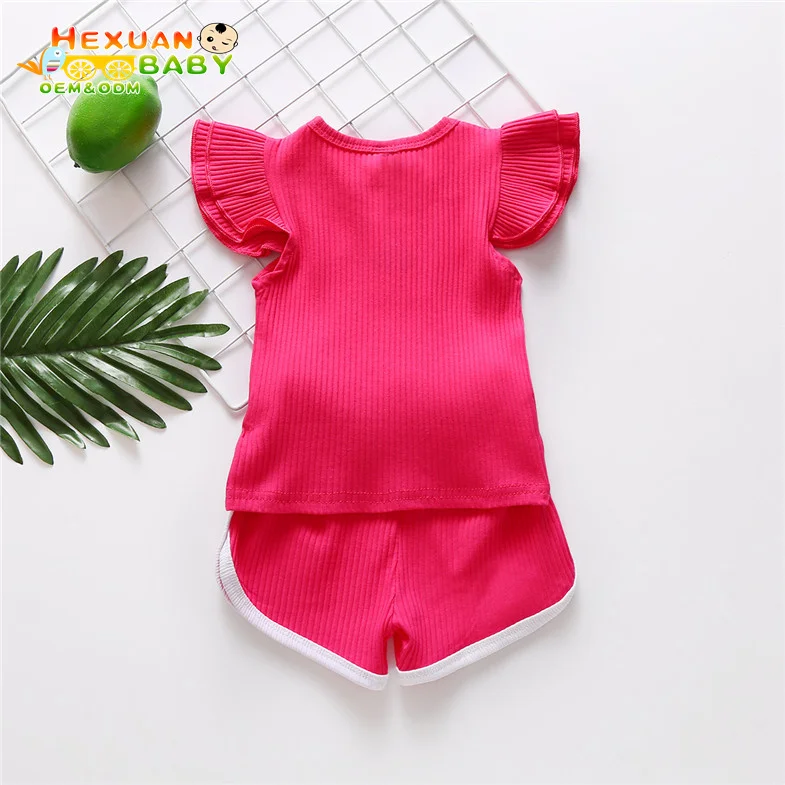  RTS solid color summer children boutique clothing sets flutter ruffle sleeve short girl