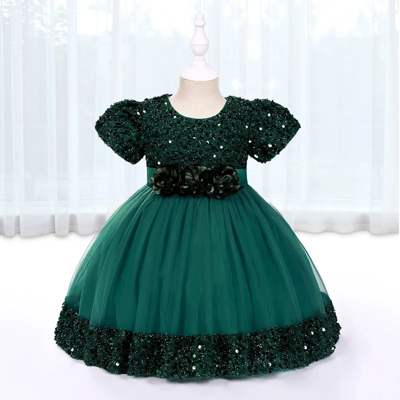 Wholesale Summer Wedding Party Dresses Elegant Sequins Bow Cake Girl Lace Mesh Dresses