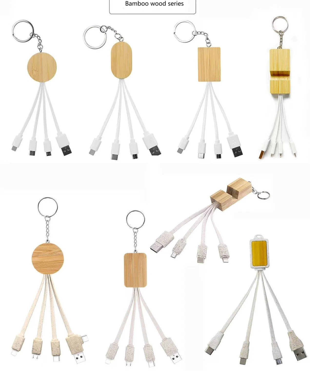 Corporate Promotional Gift Items 5 in 1 Nylon Braided Cable With Dual Sides LED Logo Keychain USB Charging Cable