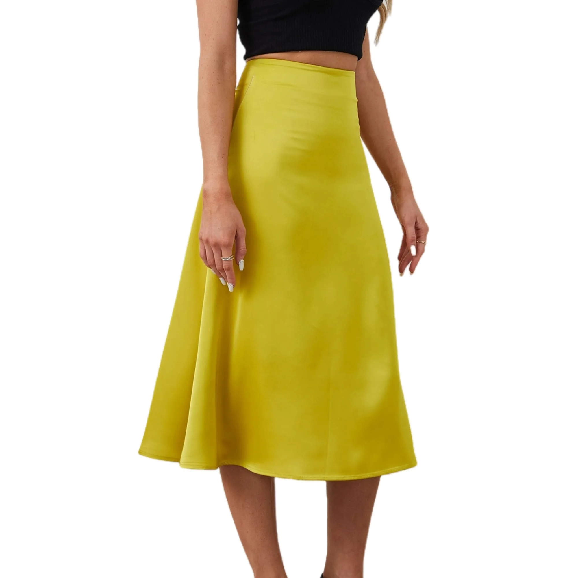 2024 Designer Women Vibrant High Waist Side Zipper Skirt Versatile Flared A-Line Silky Thick Satin Midi Skirts