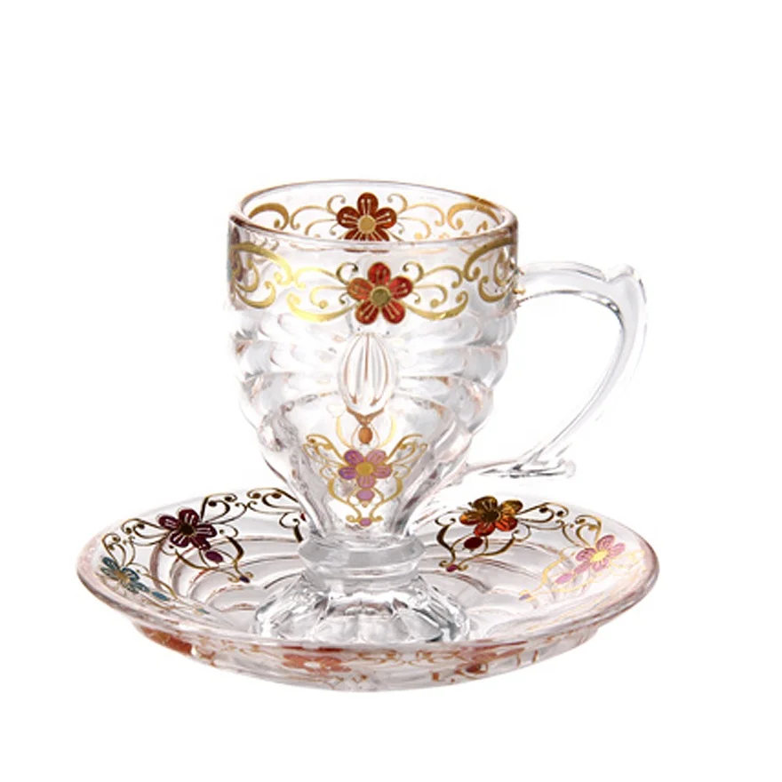 
 Цветные чашки с золотой гравировкой в арабском стиле, стеклянные чашки с ручкой для воды, чашки для чая, кофе, наборы кружек, блюдце, набор  