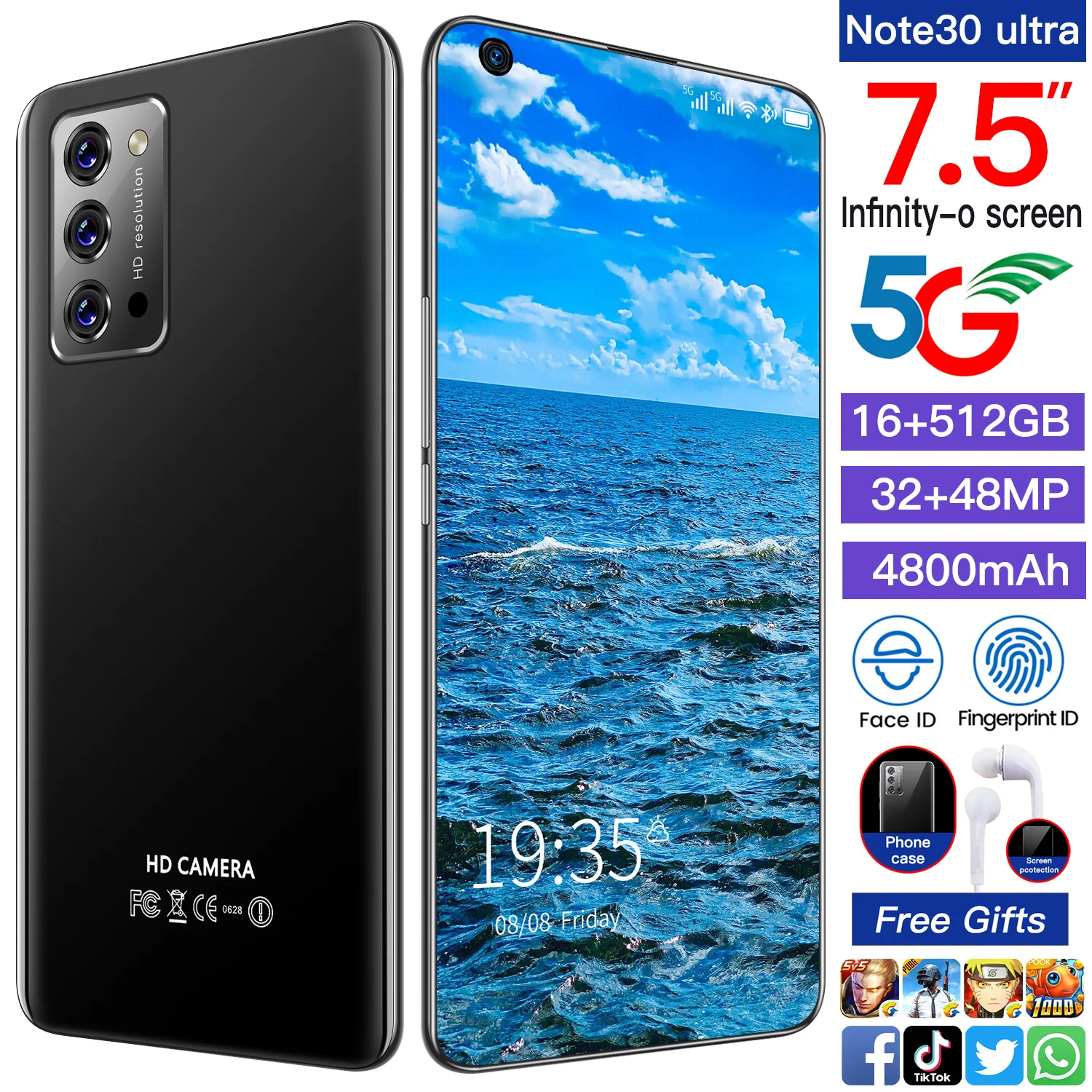 wholeSale phone note 30 Smartphone 10 core 7.5 inch 21MP +48MP mobile phone  16GB + 512GB 1440x3040 Android 10.0  face ID
