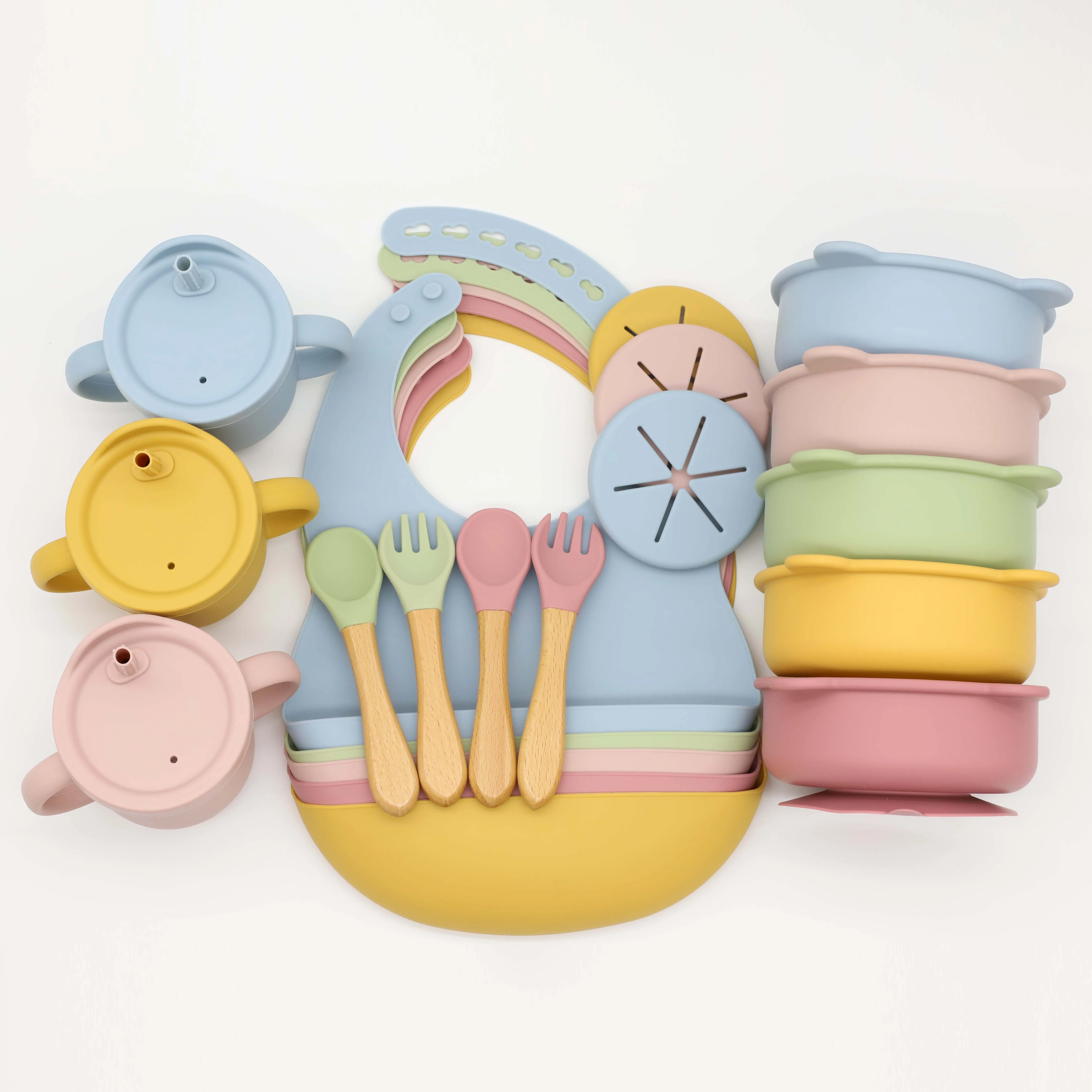 Safety Baby Solid Plain Colors Soft Silicone Baby Bibs bear bowl 2-in-1 sippy snack cup spoon fork Easy to Clean and Waterproof