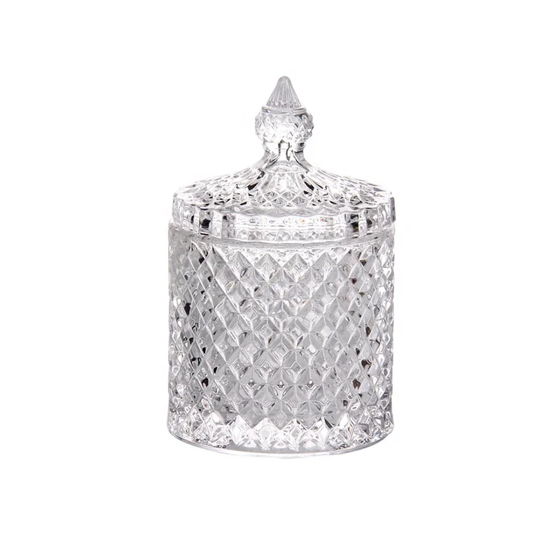 High white glass candy pot with lid new cylindrical shape food storage jar with big diamond design classic candy sugar gar