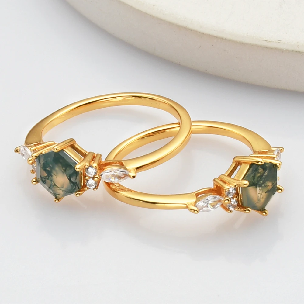 Luxury Fine Jewelry 925 sterling silver bridal engagement wedding ring women moss agate ring