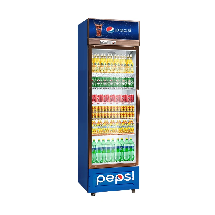 Commercial 318L big energy drinks milk display cooler single glass door big refrigerator with wheels