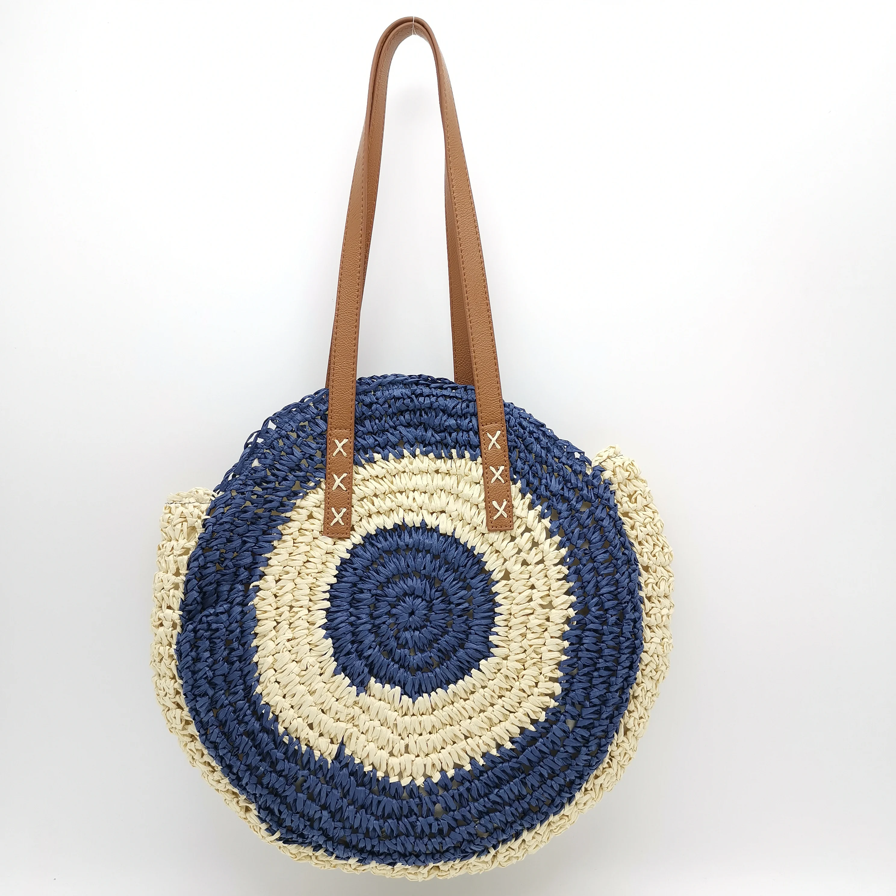 Green Women Handwoven Round Straw Bags Large Summer Beach Tote Shoulder Crochet Bag