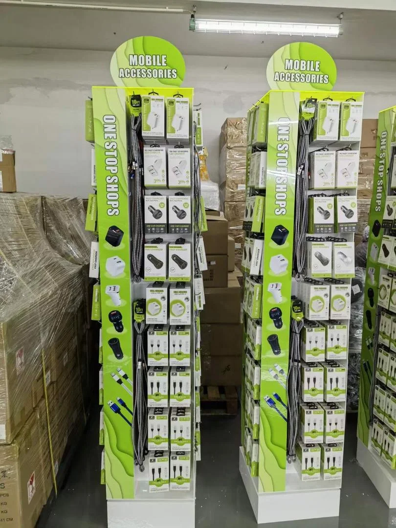 4 Sided Rotating Display Stand 400pcs Phone Accessories Retail Store Floor Display With Box Package Peg Hooks