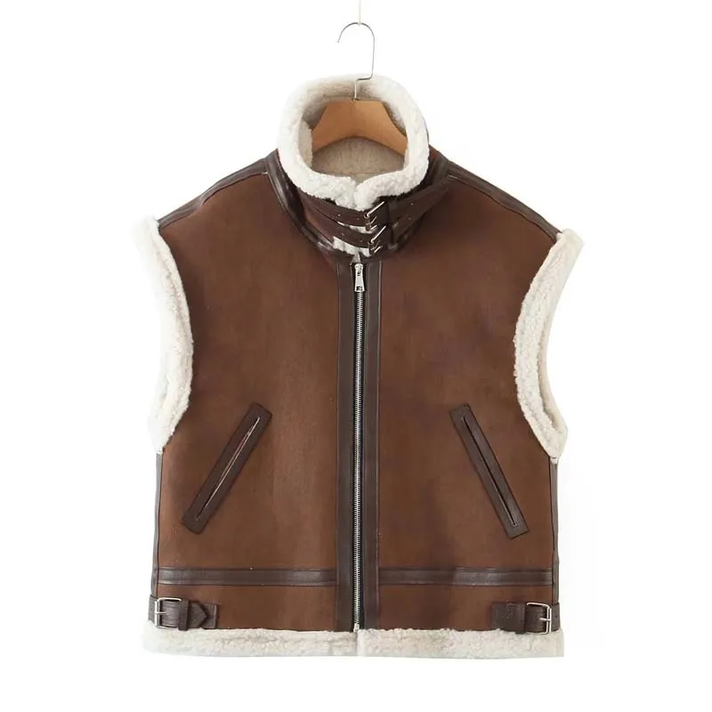 New lapel suede lamb wool loose and thick vest coat custom logo winter puffer jacket