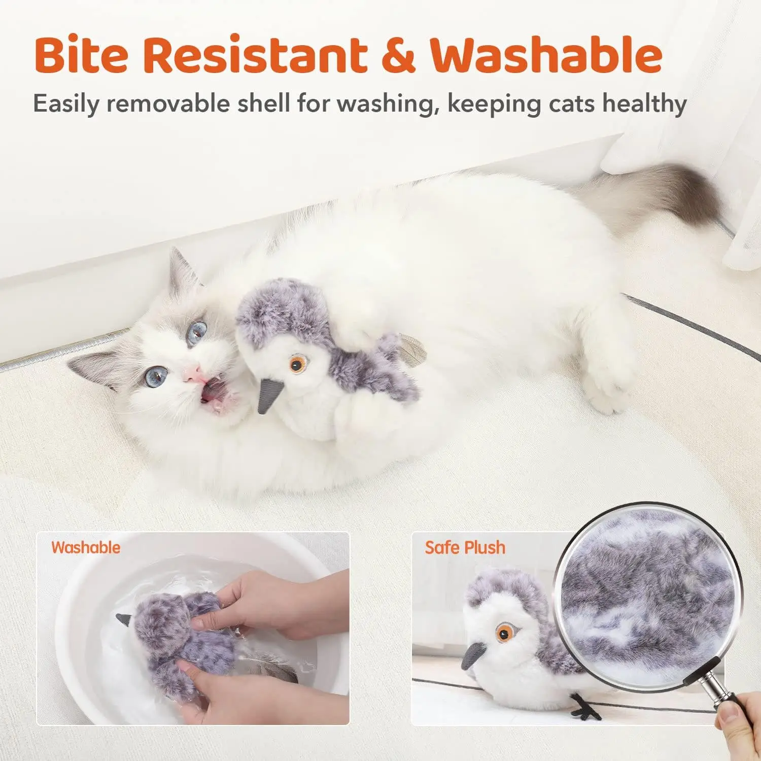 Eco-Friendly white grey plush polyester electric Interactive pet dog cat toy flapping bird