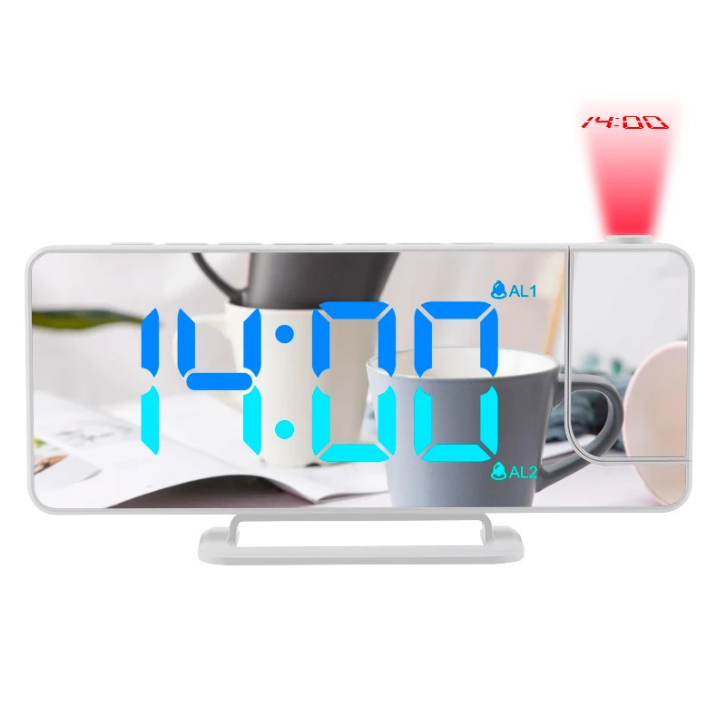 Digital Electric Alarm Clock Projector Desktop Radio FM LED Nap Snooze Clock Time Temperature Display Mirror Decor