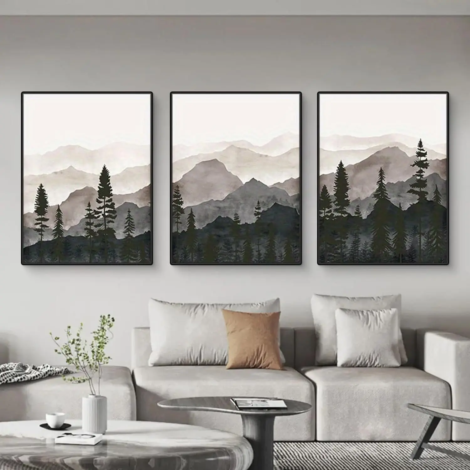 Modern Minimalist Art Print Mountains Painting Nordic Grey Forest Scenery Triptych Poster for Hotel Apartment Decoration
