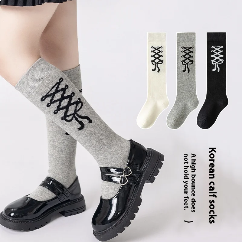 Black White Gray Bow Patterned Knee-High Socks for Girls Breathable Pile Stockings for Girls Aged 3-12 Years for Autumn Kids