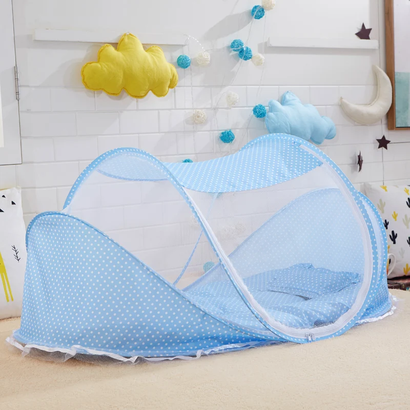 
Hot Sale Baby Foldable Blue Polka Dot Bed Mosquito Net With Sleeping Pad Pillow Baby Bedding 
