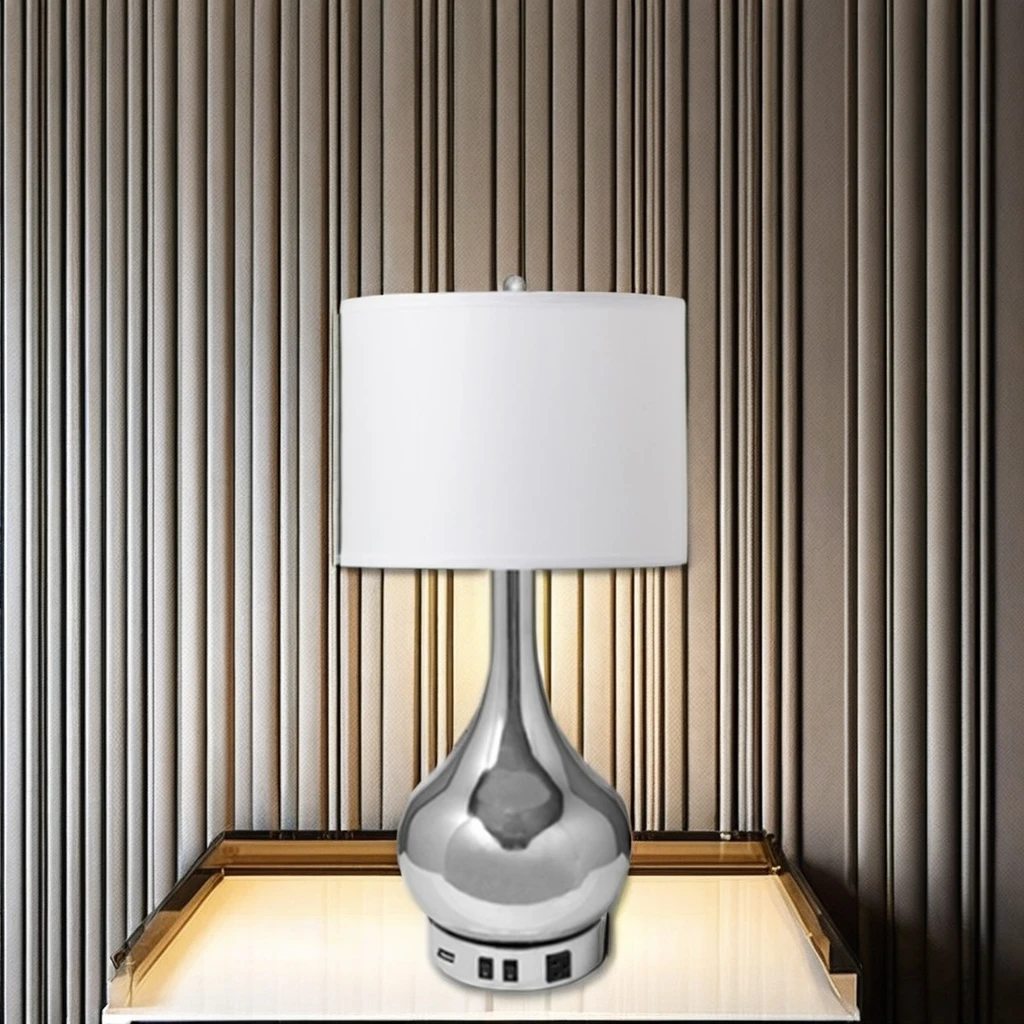 Modern Metal Desk Bedside Lamp with USB Power Outlets E26/E14 Bulb Base Drum Shade Table Lamp for Hotel Home Bedroom Living Room