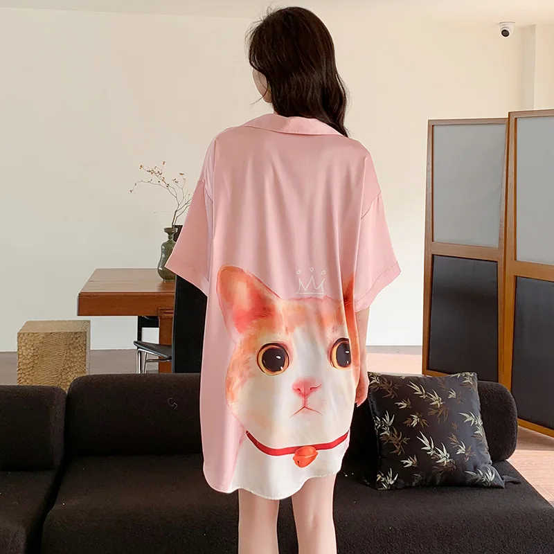 Samwestart wholesale free size long shirt printed nightgowns women one size pajamas luxury lingerie satin nighty