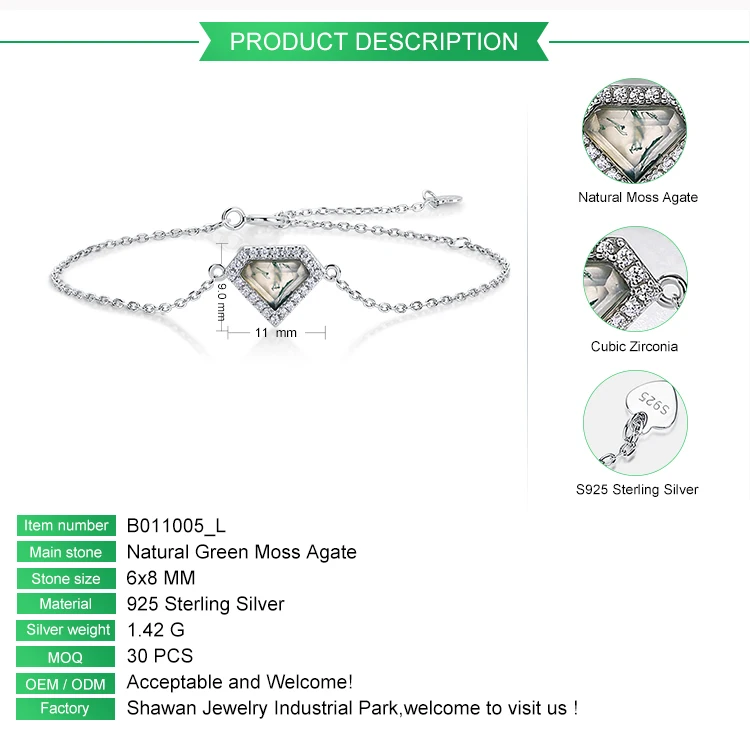 Most Popular Adjustable Zirconia Bracelets 925 Sterling Silver Green Moss Agate Natural Gemstone Bracelet for Women