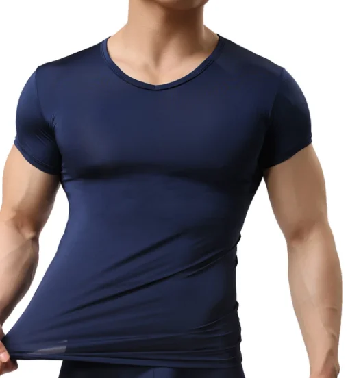 Мужская Просвечивающая футболка из вискозы, бесшовная дышащая рубашка с короткими рукавами и V-образным вырезом, нижнее белье для мужчин