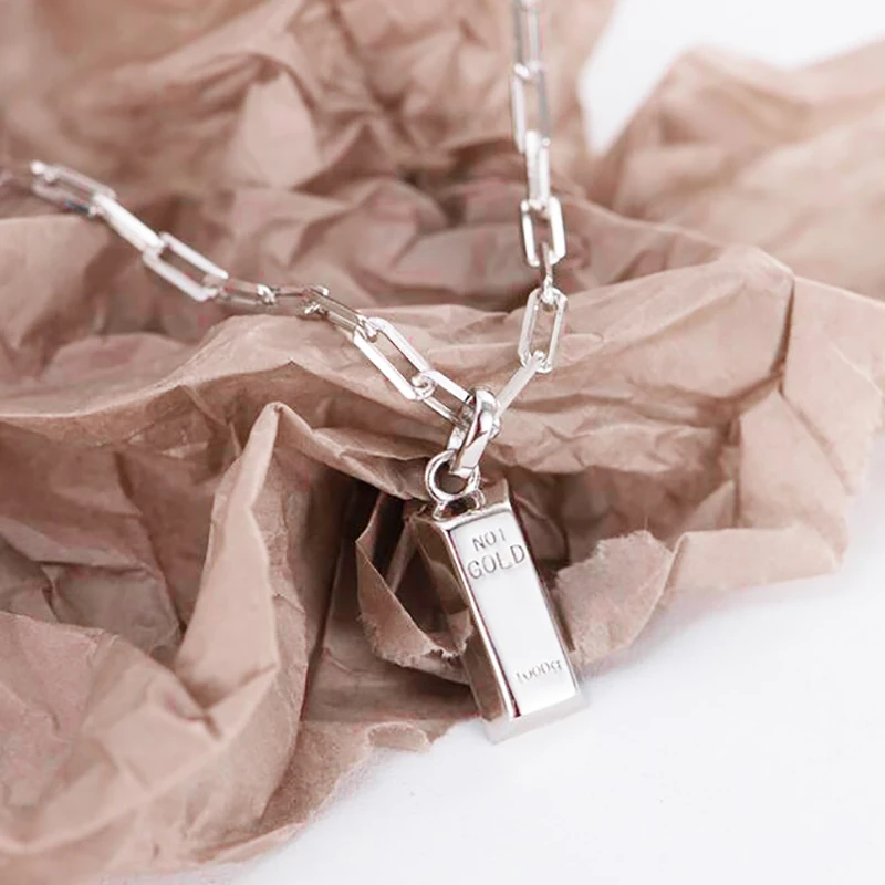 18k Gold Plated S925 Sterling Silver Thick Link Chain Gold Brick Pendant Necklace Women Gift Jewelry Necklaces