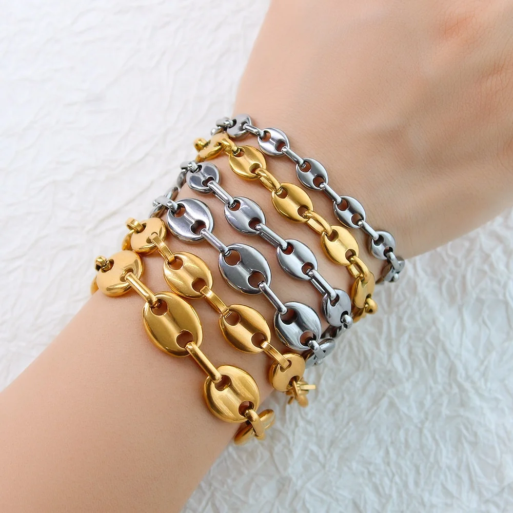 Wholesale Custom Fashion Jewelry Stainless Steel 18K Gold Plated Coffee Bean Pig Nose Puff Mariner Chain Bracelet For Women Men