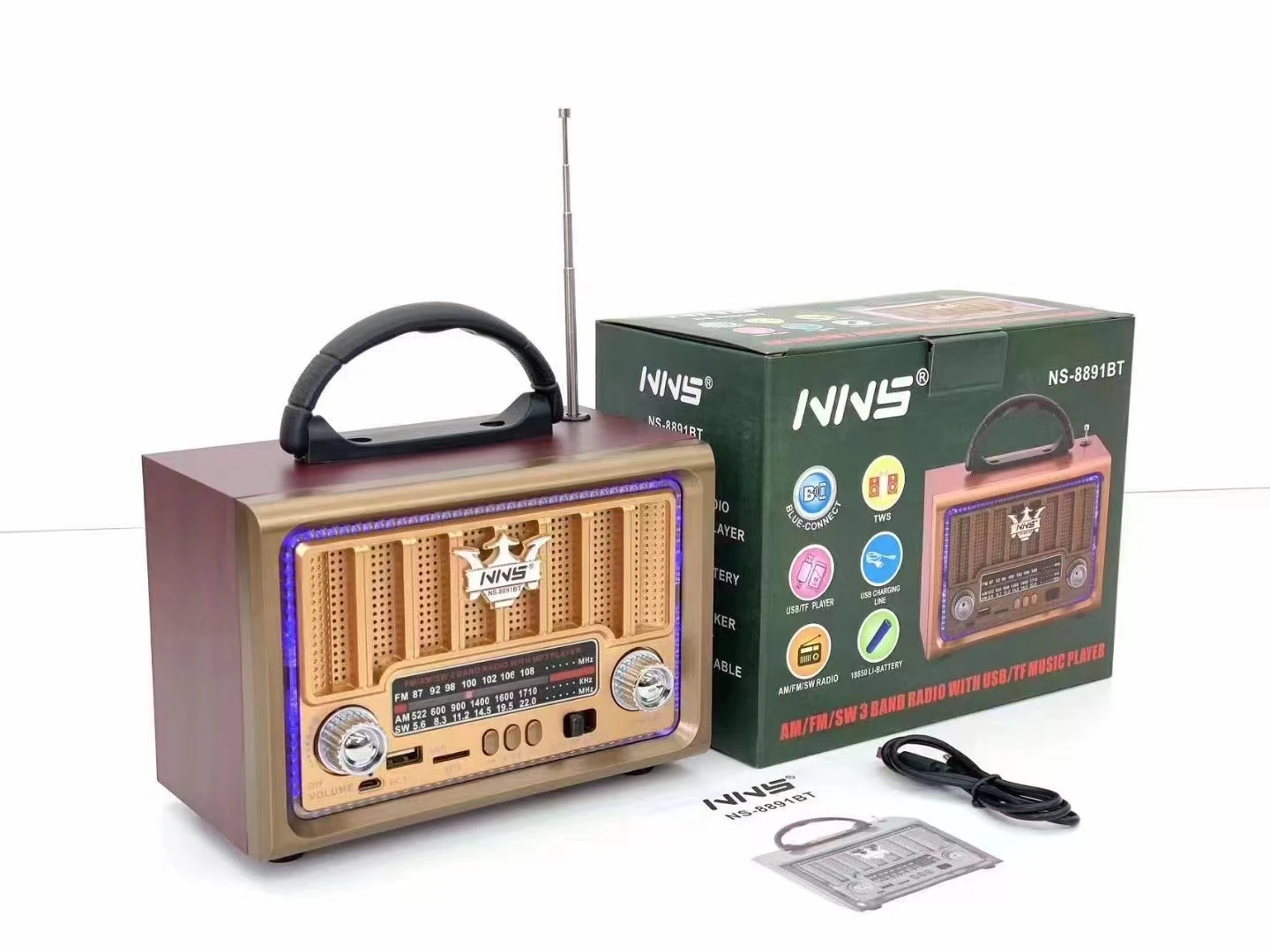 USB Rechargeable  am fm radio With USB TF MP3  Karaoke radio speaker with  RGB light  NS-8891BT
