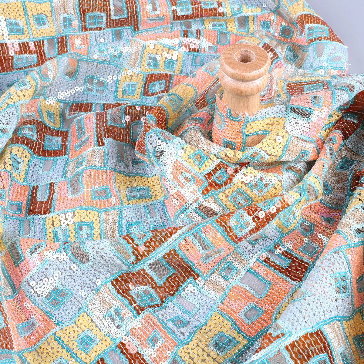 
2021 new whole sale colorful geometric sequence embroidery lace fabric tulle sequin fabric 