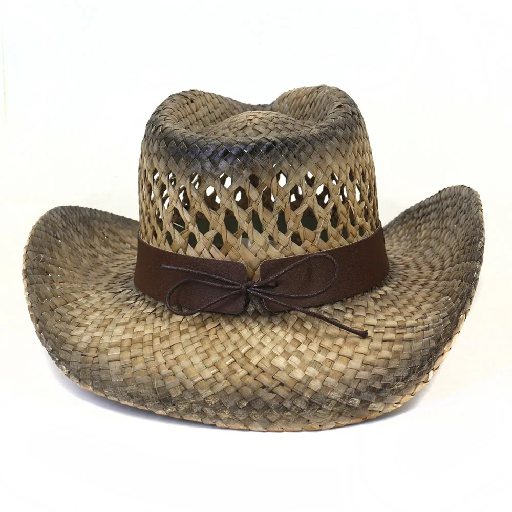 Metal Logo Leather Strap Decorated Mens Boho Western Cowboy Hat Salt Straw Hat