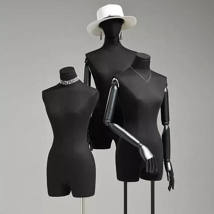 Adults upper body fabric covered female mannequins black dress form dummies with flexible wood arms for clothing store display
