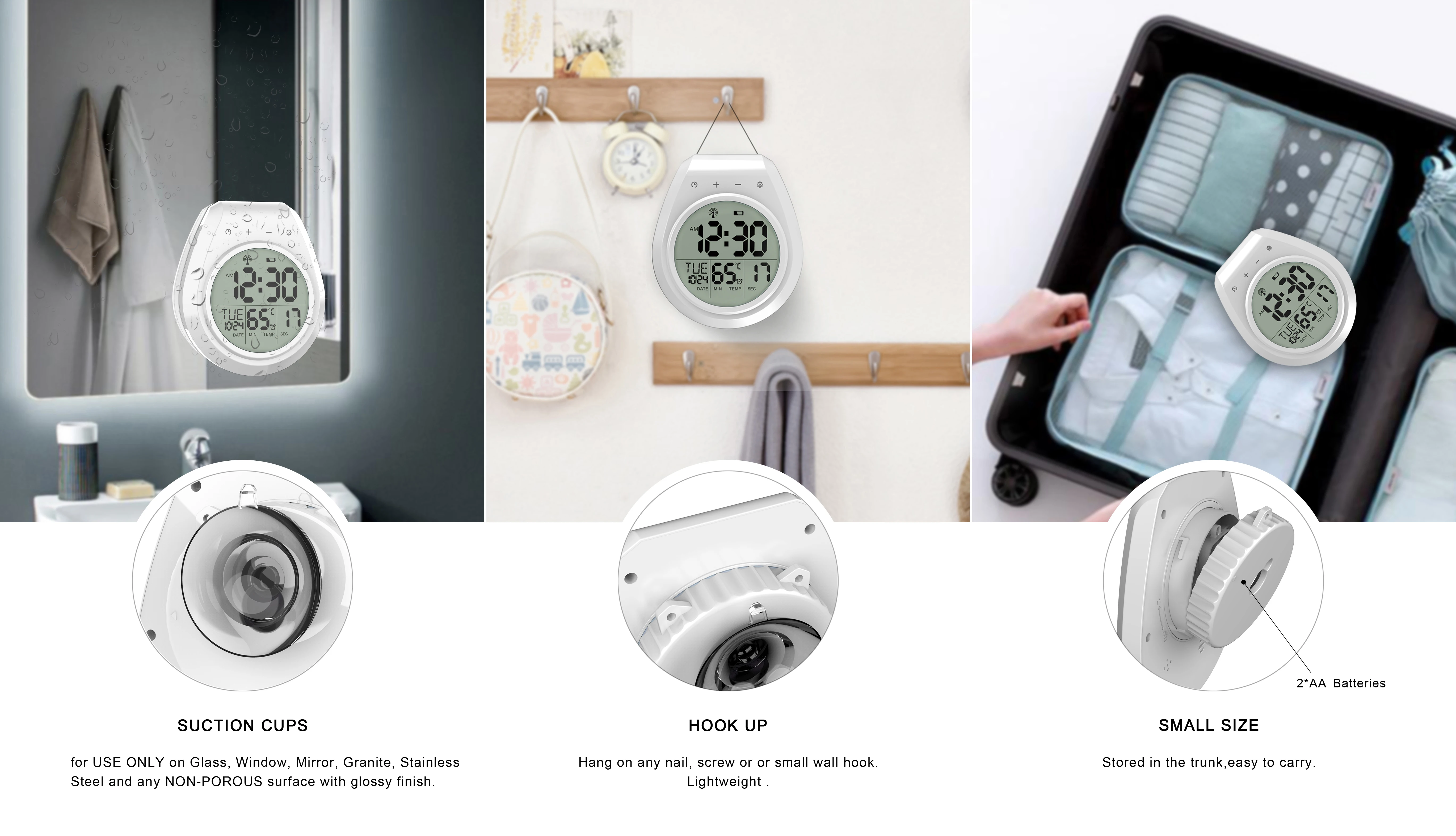 Цифровой будильник с большим дисплеем, водонепроницаемый прибор с распылителем воды для кухни, ванной комнаты, душа, настенные часы с температурой и влажностью