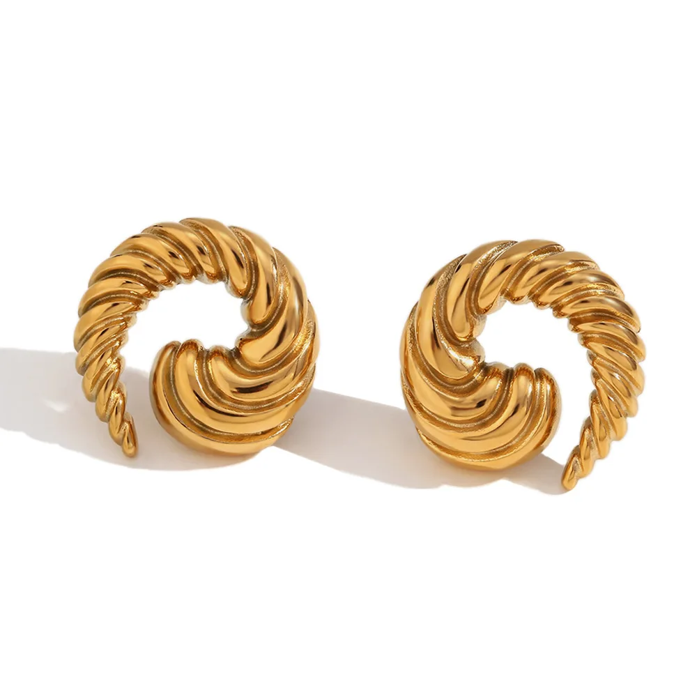 Fanhua Earring Wholesale Women Luxury  18k Gold Plated Hypoallergenic Stainless Steel Korean Vintage Vortex Horn Gypsy Earrings