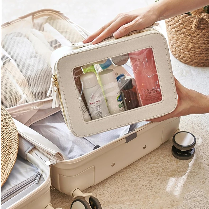 Wholesale PVC Transparent Clear Zipper Organizer Makeup Bag PU Leather Travel Toiletry Wash Pouch Vinyl Cosmetic Bag